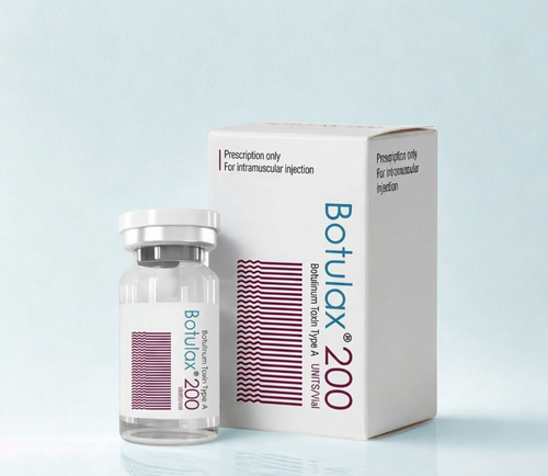 Botulax 200 vial and packaging on a light blue background